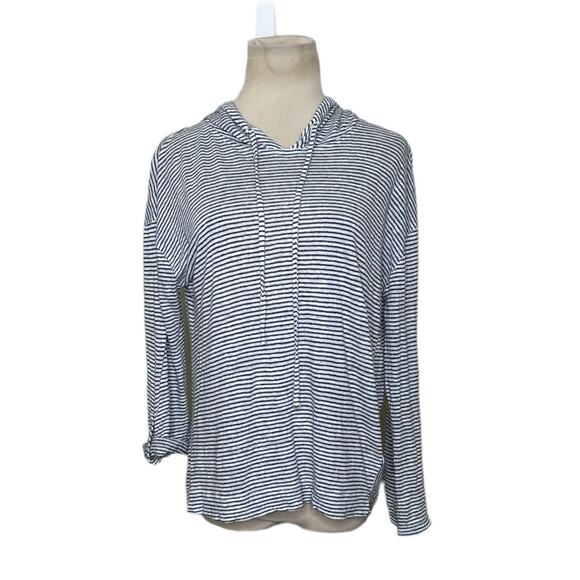 C&C blue white linen striped 3/4 sleeves lightweight hoodie size Small - Picture 1 of 13